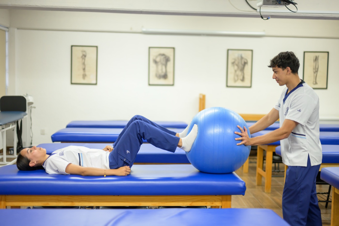 Estudiante de UMValla trabajando con una pelota terapeutica en el laboratorio.